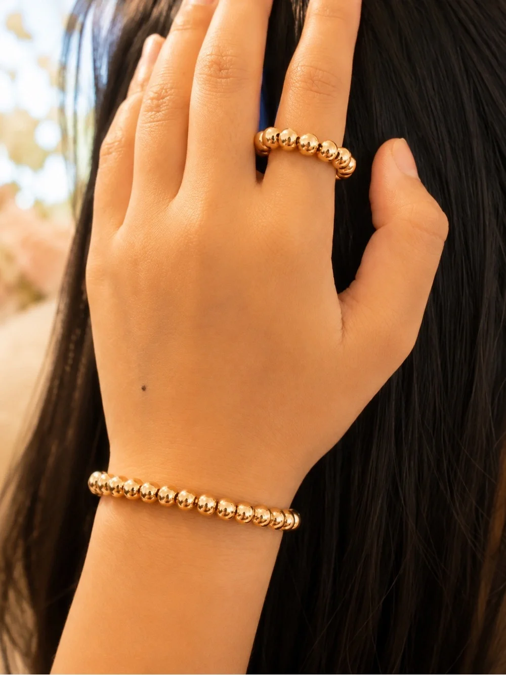 Gold Beaded Ring and Bracelet Set - Women Jewelry